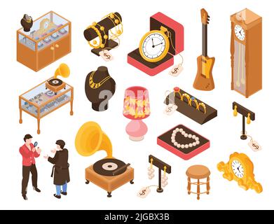 Pfand Shop isometrische Farbsatz von wertvollen persönlichen Dingen Schmuck und Antiquitäten auf weißem Hintergrund Vektor-Illustration isoliert Stock Vektor