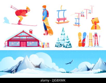 Skigebiet Set mit Wintersport Symbole flach isoliert Vektor-Illustration Stock Vektor