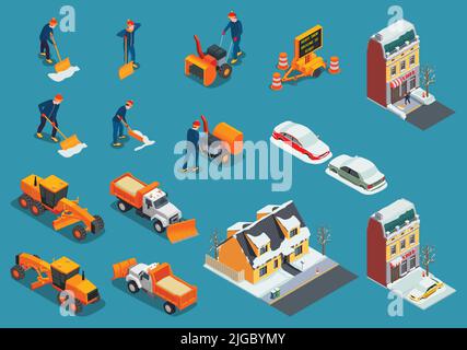 Schneereinigung Entfernung Maschinen isometrische Set mit isolierten Haus Icons Autos LKW und Bulldozer mit Arbeiter Vektor Illustration Stock Vektor