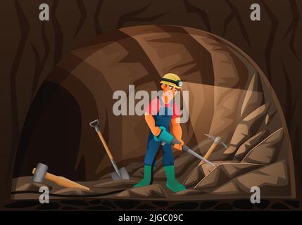 Bergbau Bergmann Cartoon-Komposition mit unterirdischen Landschaft und männliche Arbeiter mit gump Licht halten Lufthammer Vektor-Illustration Stock Vektor