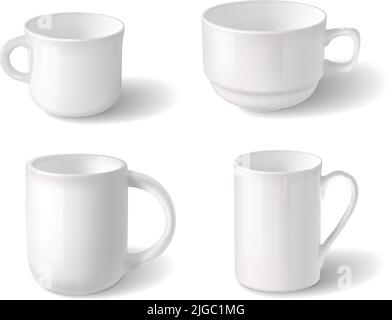 Tassen realistisches Designkonzept mit vier weißen leeren Porzellanartikeln für Tee oder Kaffee isolierte Vektorgrafik Stock Vektor