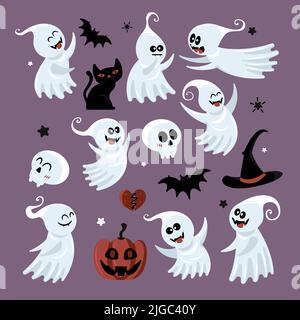 Set von isolierten Geist halloween-Symbole mit fliegenden Ratten Cartoon-Stil Kürbis Kopf und schwarzen Sternen Vektor-Illustration Stock Vektor