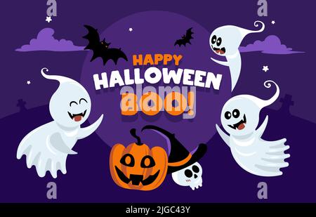 Ghost horizontales Poster mit Komposition aus Cartoon-Kürbis-Kopf und fliegenden Charakteren mit Nachthimmel Szenenvektor Illustration Stock Vektor