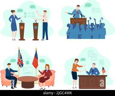 Flache 2x2-Kompositionen mit männlichen und weiblichen Politikern, die an der Pressekonferenz zu Debatten teilnehmen und im Büro arbeiten, isolierte Vektordarstellung Stock Vektor