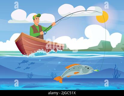 Fischer in einem Holzboot fing einen Fisch auf einem Angelgerät Stock Vektor
