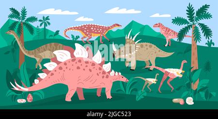 Dinosaurier Komposition mit Outdoor-Landschaft wilden Dschungel mit Palmen Berge und Wanderreptilien von unterschiedlicher Art Vektor-Illustration Stock Vektor