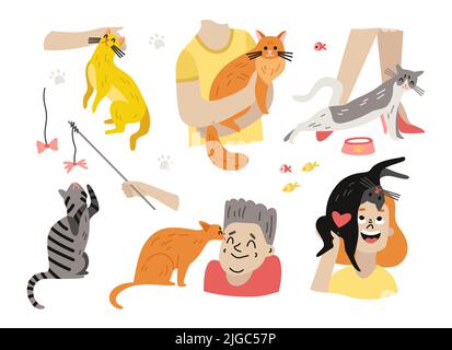 Satz von isolierten Katzen Menschen Doodle Stil Bilder mit menschlichen Zeichen Fisch Symbole und Herz Symbole Vektor-Illustration Stock Vektor