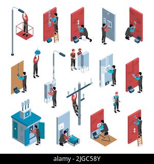 Techniker Service isometrisches Set mit professionellen Arbeitern Reparatur von elektrischen Geräten 3D isolierte Vektor-Illustration Stock Vektor