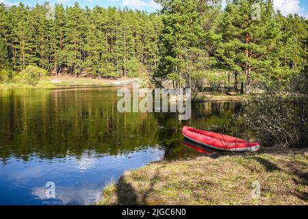 Rotes aufblasbares Kajak in der Nähe des Waldflusses. Frühlingswanderung zum Nationalpark. Stockfoto