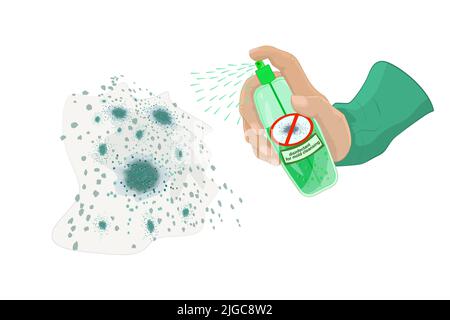 Hand mit Desinfektionsspray-Flasche für Schimmelpilzreinigung. Waschmittelsprüher gegen Schimmel und Keime im Arm. Die Hand drückt den Flaschenspender auf Schimmelfleck Stock Vektor