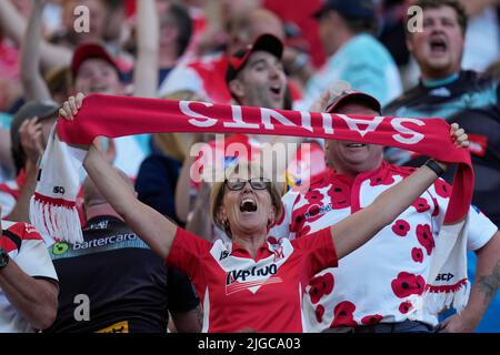 St. Helens-Fans feiern nach dem Spiel Stockfoto