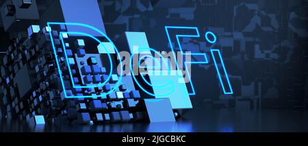 Blockchain-Konzept, dezentrales Finanzsystem. Defi-dezentrale Finanzierung auf einem abstrakten technologischen Hintergrund aus Metallwürfeln. 3D Stockfoto