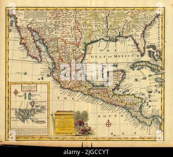Britische Landkarte von Mexiko oder Neuspanien, Kalifornien, Neumexiko, Inset der Galapagos-Inseln, 1752, von Emanuel Bowen Stockfoto