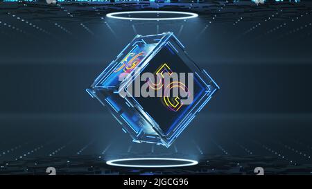 5G Netzwerkkonzept. Die Inschrift 5 g auf einem abstrakten Würfel. 3D Rendern. Stockfoto