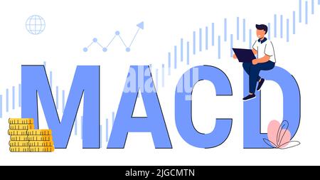 MACD Moving Average Convergence Divergence indicator technische Analyse Aktien- und Kryptowährungsdiagramm, Forex-Analysen und Trading-Markt ch Stock Vektor
