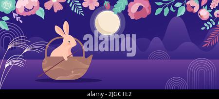 Mid-Autumn Festival im modernen Stil. Traditionelle Blumen, Vollmond und Hasen. Übersetzung - Happy Mid-herbsty Festival Stock Vektor