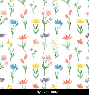Wildblumen Nahtloses Muster, Aquarell Wiesenblumen Papier, botanische Kräuter wiederholen Muster, Blumendruck Design, Natur Muster Stockfoto