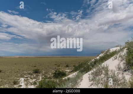 Wunderschöner blick auf die Gipsdüne im White Sands National Park, der während der Monsunsaison im Süden von New Mexico vor dramatischem Himmel liegt Stockfoto