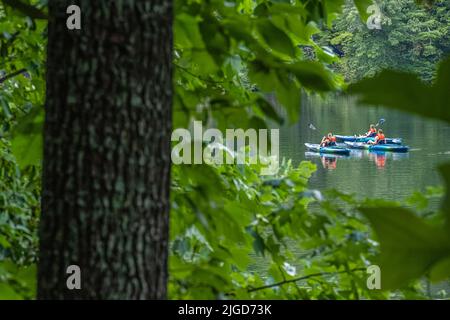 Drei junge Frauen, die auf dem Lake Trahlyta im Vogel State Park in den Blue Ridge Mountains im Norden von Georgia Kajakfahren. (USA) Stockfoto