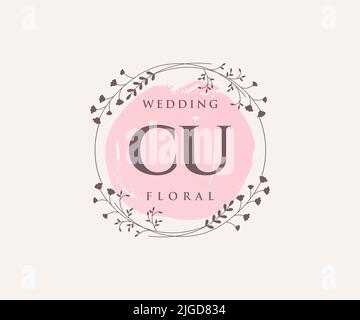 CU Initialen Brief Hochzeit Monogramm Logos Vorlage, handgezeichnete moderne minimalistische und florale Vorlagen für Einladungskarten, Save the Date, elegant Stock Vektor