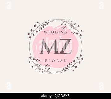 MZ Initialen Brief Hochzeit Monogramm Logos Vorlage, handgezeichnete moderne minimalistische und florale Vorlagen für Einladungskarten, Save the Date, elegant Stock Vektor