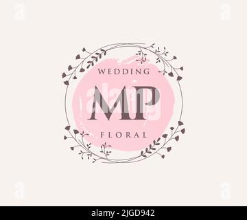 MP Initialen Brief Hochzeit Monogramm Logos Vorlage, handgezeichnete moderne minimalistische und florale Vorlagen für Einladungskarten, Save the Date, elegant Stock Vektor