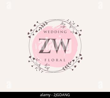 ZW Initialen Brief Hochzeit Monogramm Logos Vorlage, handgezeichnete moderne minimalistische und florale Vorlagen für Einladungskarten, Save the Date, elegant Stock Vektor