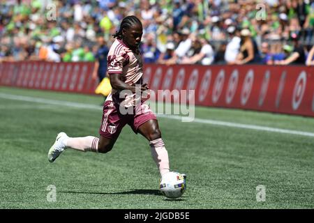 Seattle, WA, USA. 09.. Juli 2022. Der Portland Timbers-Mittelfeldspieler Yimmi Chara beim MLS-Fußballspiel zwischen den Portland Timbers und dem Seattle Sounders FC im Lumen Field in Seattle, WA. Steve Faber/CSM/Alamy Live News Stockfoto