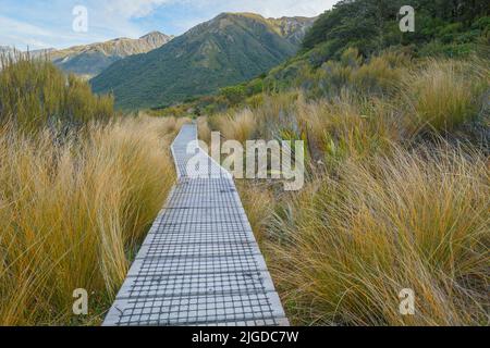 Holzboardwalk, die durch niedrige Bergvegetation in Arthur's Pass führt., Südinsel Neuseeland. Stockfoto