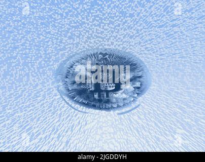 Die Währung der Zukunft. Konzeptuelles Bild eines einzelnen Bitcoins vor blauem Hintergrund. Stockfoto