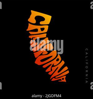 Ein kreativer Logo-Vektor mit geschwungenen, künstlerischen orangefarbenen Buchstaben, die Kalifornien auf einem grauen Hintergrund buchstabieren Stock Vektor