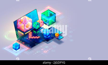 Konzept der Technologie der Softwareentwicklung. Computer-Netzwerk der Programmierung digitale App. Erstellen von Web-Design und Programm von Business-Internet Stock Vektor