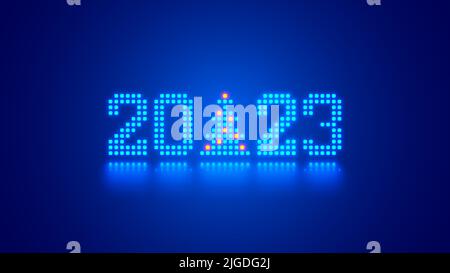 2023 Ziffern, Weihnachtsbaum bestehen aus leuchtenden Pixeln im Technologiestil auf blauem Hintergrund. Neujahrskarte oder Poster zum digitalen Technologiekalender. Logo von 2023 Stock Vektor