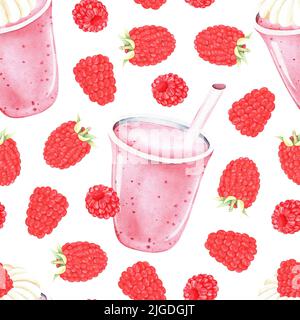 Nahtloses Muster. Smoothies mit Himbeeren. Aquarelldarstellung. Isoliert auf weißem Hintergrund. Für Ihr Design Kochbücher, Rezepte, Schürzen Stockfoto
