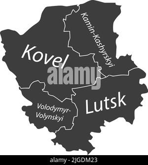 Dunkelgrau getaggte Karte von Raionen des WOLYN-GEBIETS, UKRAINE Stock Vektor