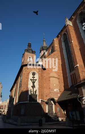 Basilika der Heiligen Maria bei Sonnenaufgang in Krakau in Polen. Kirche unserer Lieben Frau angenommen in den Himmel gotischen Architektur. Stockfoto
