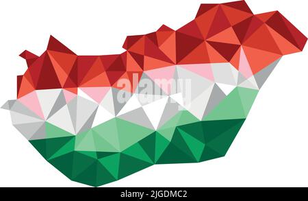 Ungarn, ungarische Karte oben im Low-Poly-Design-Stil. Vektorgrafik in rot, weiß, grün Flagge Farben. Stock Vektor