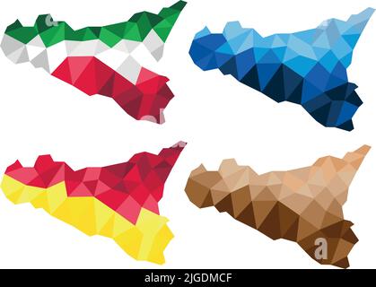 Sizilien italienische Insel niederes Polygon-Kartendesign. 3D-Karte mit italienischer Flagge und sizilianischer Flagge Stock Vektor