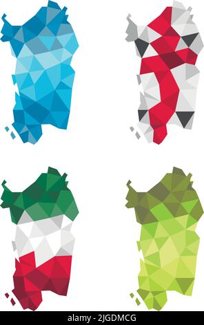 Sardinien, die Insel Sardigna oben in niederem Polygon-Design-Vektordarstellung mit italienischem und sardischem Flaggenmuster. Stock Vektor