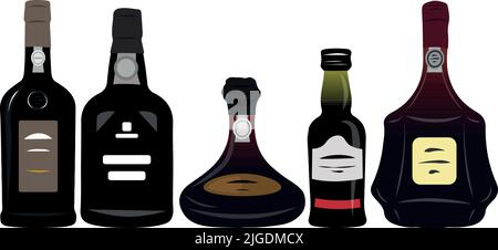 Set mit einer Flasche portugiesischen Rotwein. Porugal, Region Porto. Typisches Vektorsymbol für regionalen Wein, Illustration. Stock Vektor