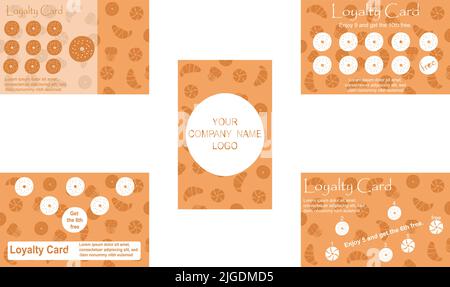Vorlage für Treuekarten zum Sammeln von Briefmarken für Frühstück, Bäckerei, Café. Vorlage für Vektro-Illustration. 9 + 10. gratis. Stock Vektor