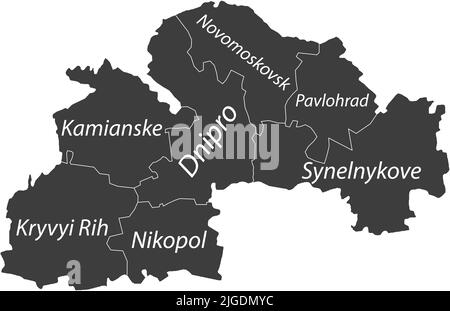 Dunkelgrau getaggte Karte von Raionen im GEBIET DNIPROPETROWSK (SICHESLAV), UKRAINE Stock Vektor