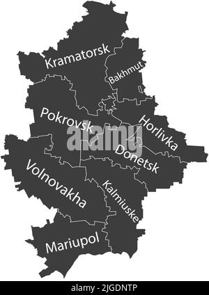 Dunkelgrau getaggte Karte von Raionen des DONEZKER GEBIETS, UKRAINE Stock Vektor