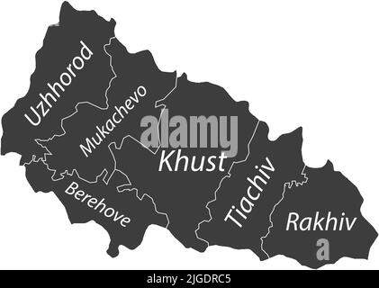 Dunkelgrau getaggte Karte von Raionen des GEBIETS ZAKARPATTIA, UKRAINE Stock Vektor