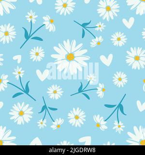 Weiße Gänseblümchen auf blauem Hintergrunddruck. Vektor mit Blumenmuster und Gänseblümchen. Stock Vektor