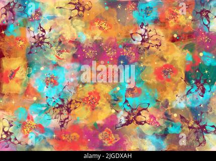 Orchideenmuster im Burgunder oder Cyclamen auf dem Blumenboden oder lebhafter mehrfarbiger Hintergrund. Stockfoto