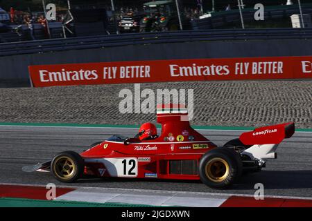 Mathias Lauda in einem Ferrari 312B3 von Niki Lauda, 1974, Aktion während der Formel 1 Rolex Grosser Preis von Osterreich 2022, 2022 großer Preis von Österreich, 11. Lauf der FIA Formel 1 Weltmeisterschaft 2022 vom 8. Bis 10. Juli 2022 auf dem Red Bull Ring, in Spielberg, Österreich - Foto: Dppi/DPPI/LiveMedia Stockfoto