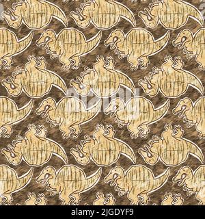 Braunes, handgezeichnetes Spinosaurus-Dinosaurier-Nahtloses Muster. Gender Neutral Jurassic fossile Silhouette für Baby-Nursery. Home Dekor für Museum, Aussterben Stockfoto