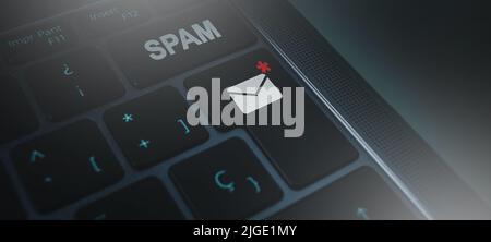 Banner der Tastatur mit Mail-Spam-Button-Konzept. Kommunikationstechnologie. Schützen Sie Spam-Mails vor Internetsicherheit. Stockfoto