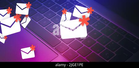 Banner des Mail-Spam-Konzepts. Kommunikationstechnologie. Schützen Sie Spam-Mails vor Internetsicherheit. Stockfoto